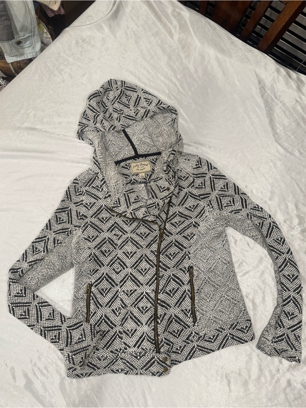 Lucky Brand Geometric Hooded Knit Moto Jacket Black White Size L